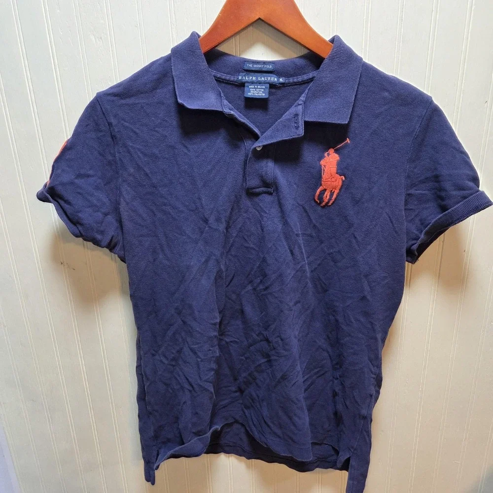 Ralph Lauren Skinny Polo Shirt Mens XL Blue Short Sleeve‎ Big Pony Back 3 Patch
